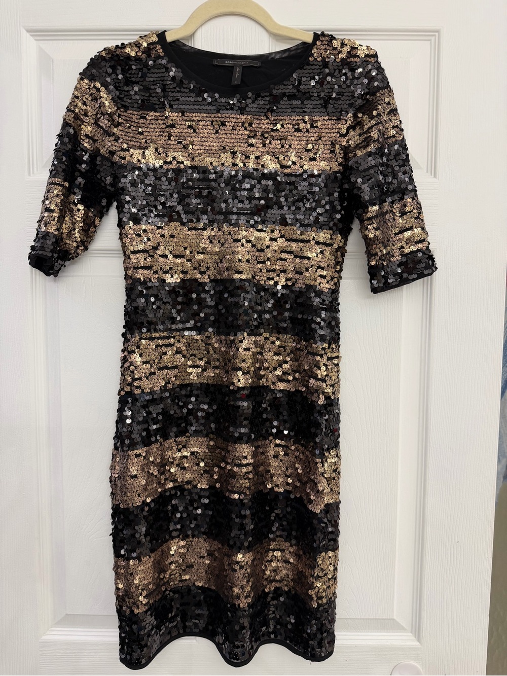 BCBGMAXAZRIA Black Gold Sequin Striped Bodycon Dress Size S